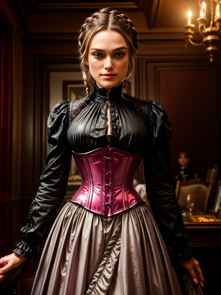 RAW photo of 2 keiraknightley, Create dystopian masterpieces, victorian era, victorian era clothing, rich dress, wearing a Victorian-era dress with long-sleeves, black dress, corseted woman,victorian saloon, cinematic light, beautiful woman, medium breasts, blond platinum hair, 2 braided ponytails, braids, smile smile, wrinkles on the face,very long eyelashes, pink shiny lipgloss,  big diamond earrings, big breasts, corset,  smallest waist,  very tiny waist,  4k,8k,high resolution,  detailed face, detailed colorful makeup 