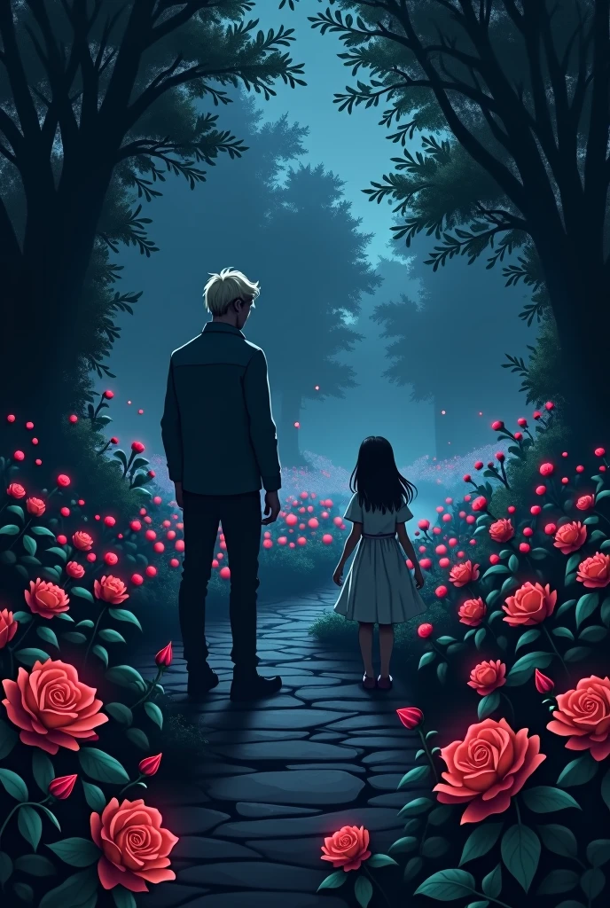 I want you to create a rose garden, at night and in the distance, that are almost invisible, a blond man and a little black-haired girl, that are almost invisible, Let the garden be what is most visible