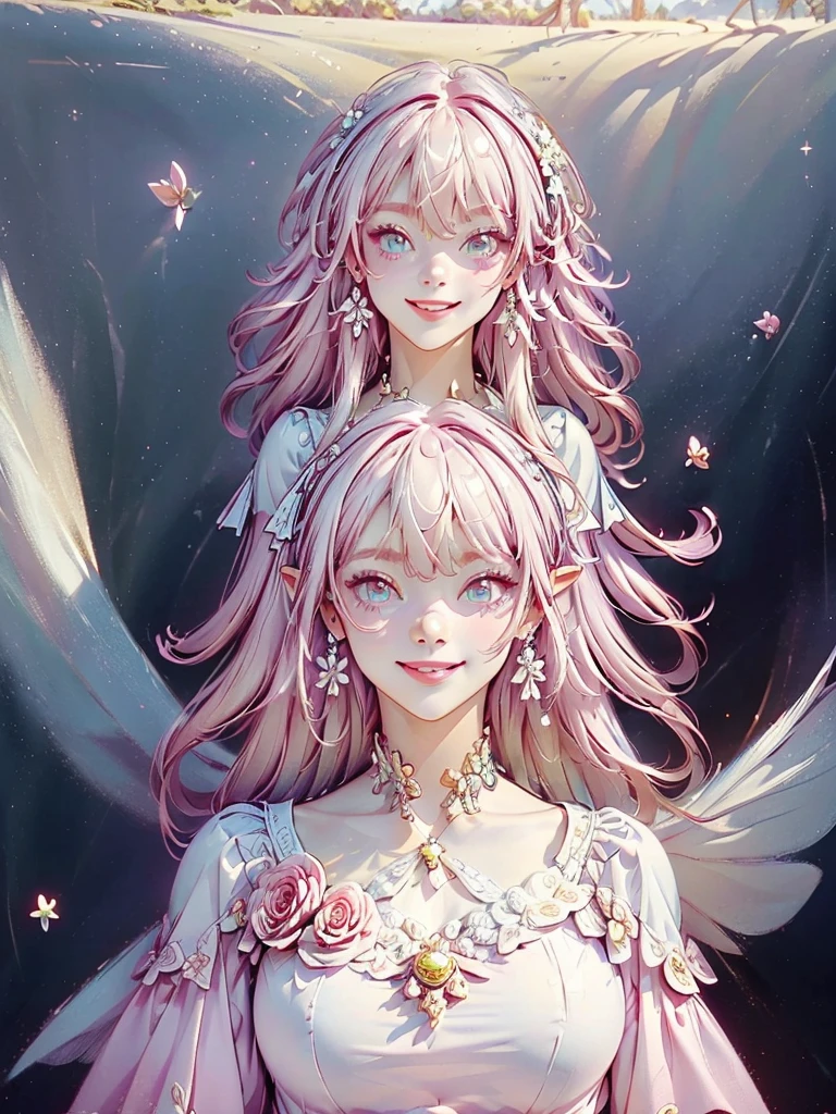 ((Stickers, Background white))),((superwide shot,Ultra-wide field of view,whole body)),,Highest quality, Very detailed, beautiful, Exquisite, 16K, Full HD, Absurd,White Background,((Upper Body,Half-body photo)),((smile,Happy:1.5)),((Sparkling fluffy layered ball gown)), (Grab the hem of your dress and bow slightly.),Lots of flowers,((Surrounded by roses)),ruffles and rhinestones, ( Tabletop, Art Station, Fantasy art:1.2), 優雅なsmileで佇む,pastel colour,((Giant white fairy wings))、White skin,Gradient Hair, Pink Hair, Hair blowing in the wind, Wavy Hair,Fluffy hair,tiara,Lavender eyes, Long eyelashes, beautiful eyes、Light pink cheeks,Pointed Ears, Bright Eyes,Dazzling Light, Warm lighting,