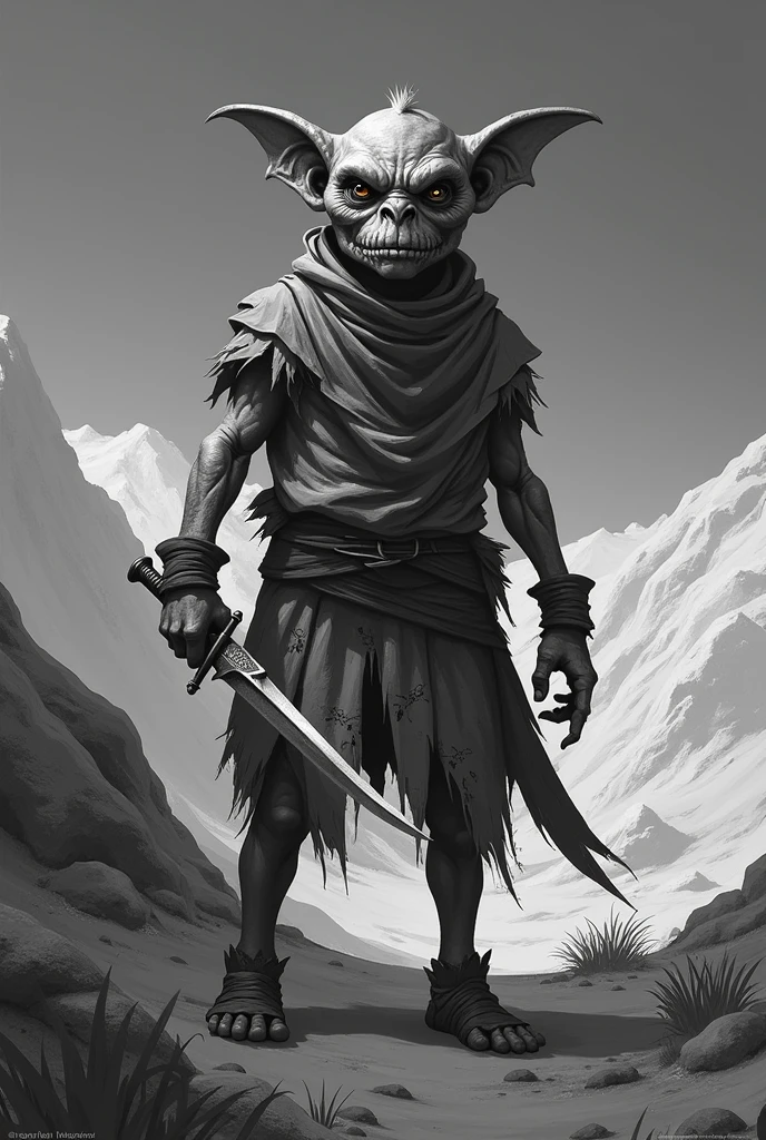 goblin, black and white art, desert region, rags and simple tunic with a dagger in his hand. fully body, random and desert.
