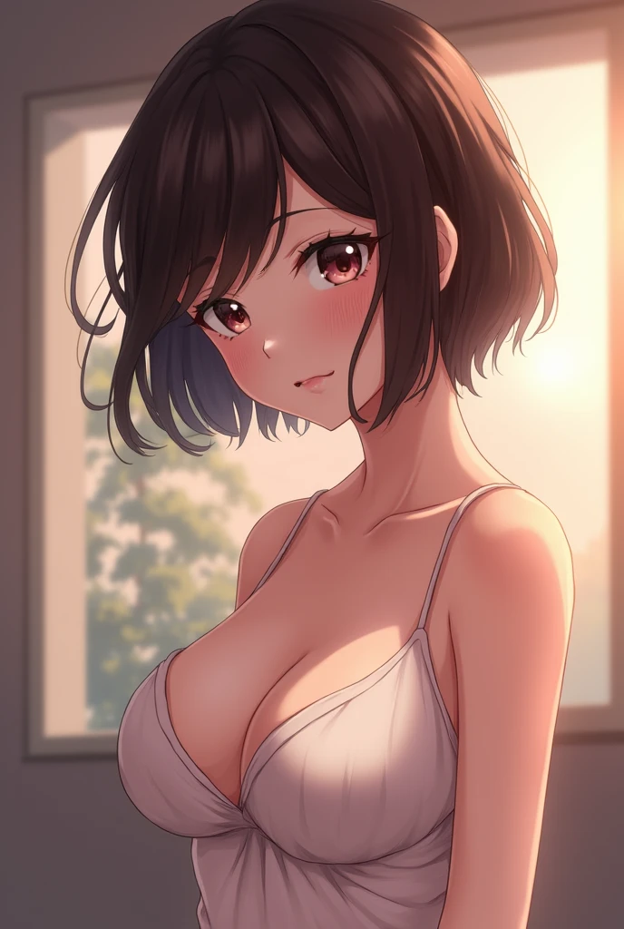 A shy anime girl with short, shoulder-length dark brown hair and slightly large breasts from hentai