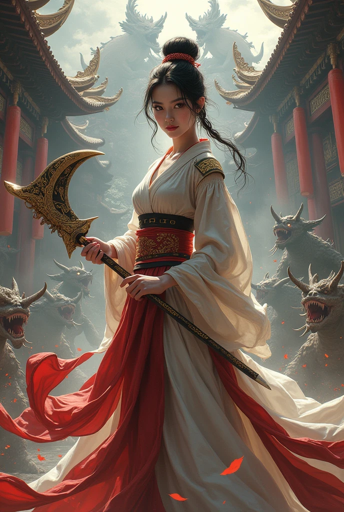 (best quality), detailed background, oriental nobless,warrior girl,combat arts,holding halberd,oni, monster army