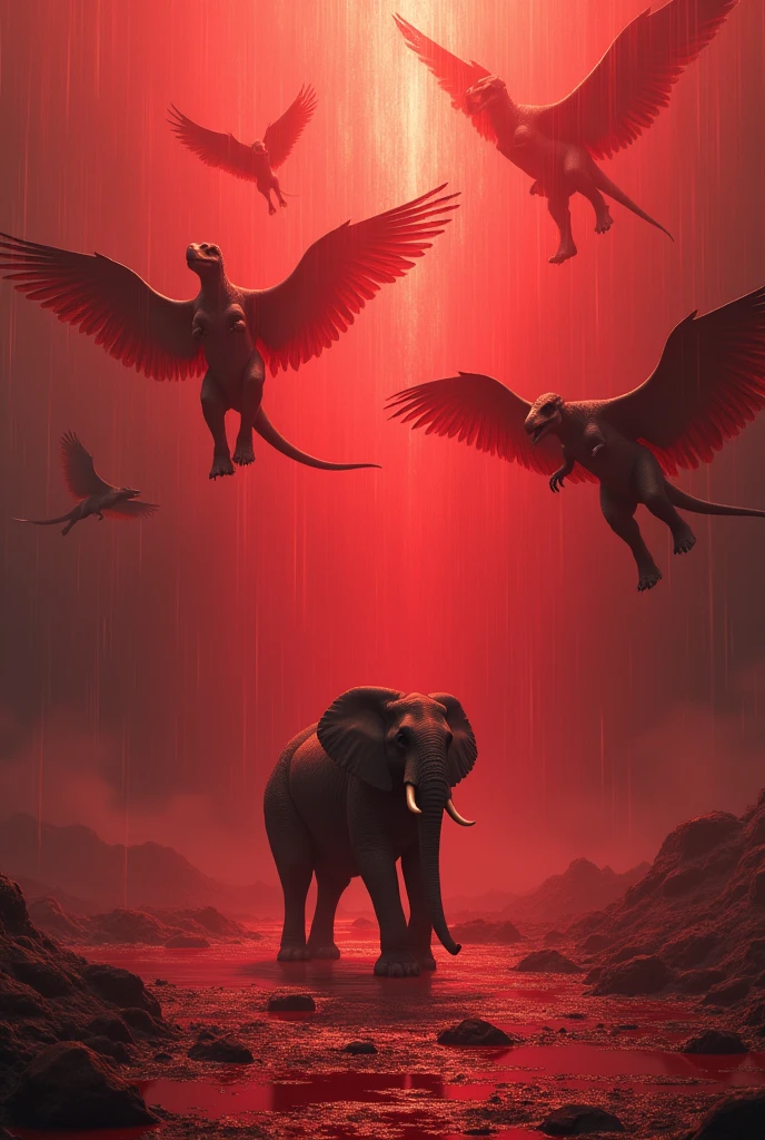 Create me a dinosaurs flying and red water falling from the sky and an elephant walking in his feet