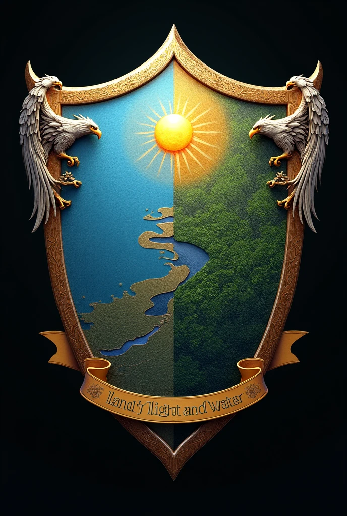 a realistic shield with a background divided into two parts. The upper part is blue with a stylized image of a rising golden sun reflecting on a meandering river. The lower part of the shield is dark green. Flanking the shield, There are two guardian spirits represented by stylized figures of an eagle (On the right) and a feathered serpent (On the left).
At the bottom of the shield, A golden ribbon bears the inscription "Land of Light and Water", in Awari language