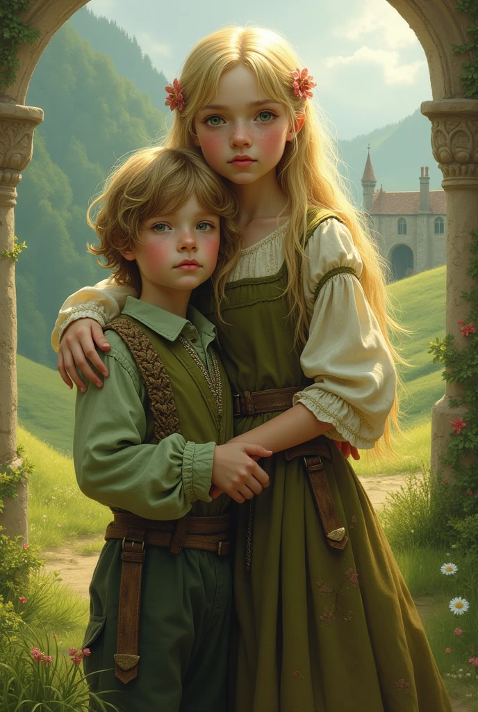  as  with her little brother posing picture gren skin, blonde hairs and wearing old clothes from medieval  