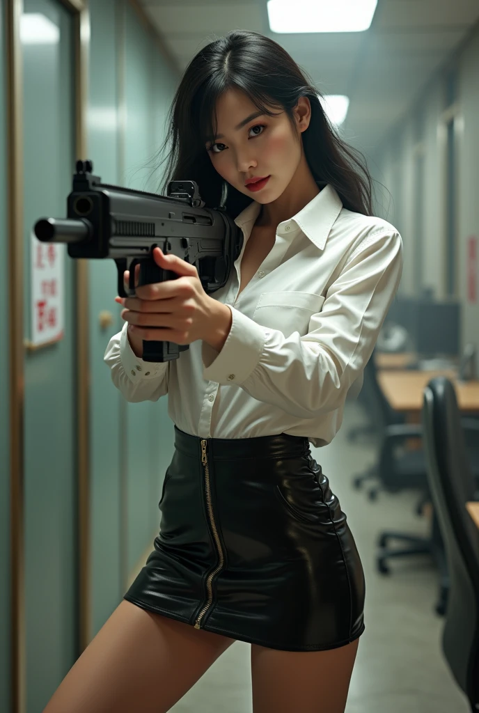 beautiful chinese office lady white shirt tight latex mini skirt realistic machine gun toting hip firing real person legs apart standing rampage shooting serious expression looking at side target facing


