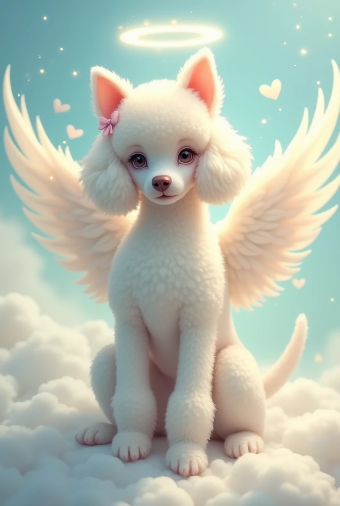 Female French Poodle breed dog, white color, with angel wings and bows on her ears