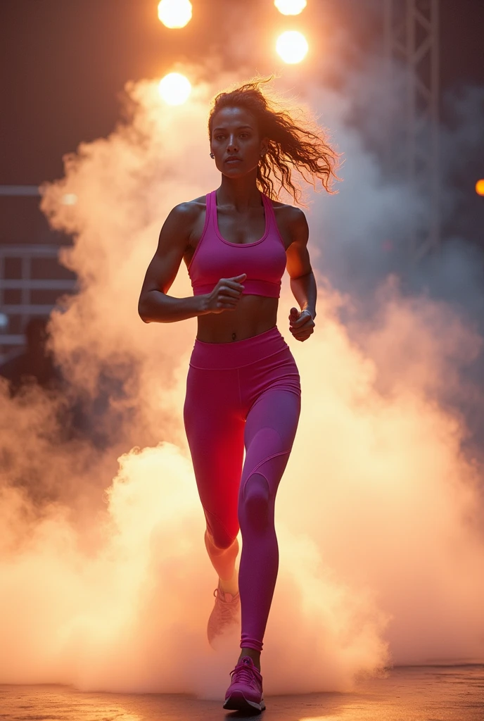 beautiful woman parading in fitness clothing, in motion walking with smoke behind and lights above head