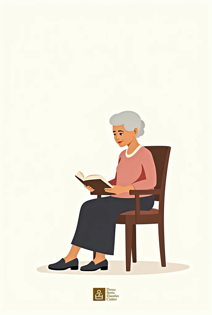 A grandmother reading a book sitting on a chair Only 6 colors in the drawing White background Logo Dona Benta Education Center 2012