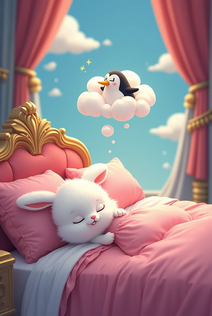A white fluffy female animal rabbit wearing a pink night dress sleeping her luxurious royal bed in a grand palace dreaming about a penguin laughing, The dream should be displayed in the form of dream clouds above her. Cartoon illustration with magical atmosphere.
