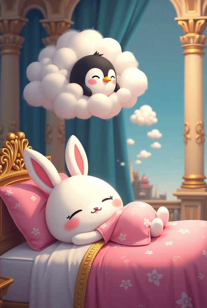 A white fluffy female animal rabbit wearing a pink night dress sleeping her luxurious royal bed in a grand palace dreaming about a penguin laughing, The dream should be displayed in the form of dream clouds above her. Cartoon illustration with magical atmosphere.