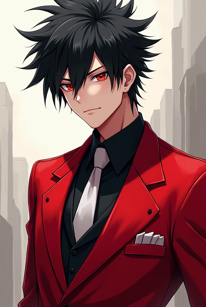 Male character in anime style with black hair and a red suit
