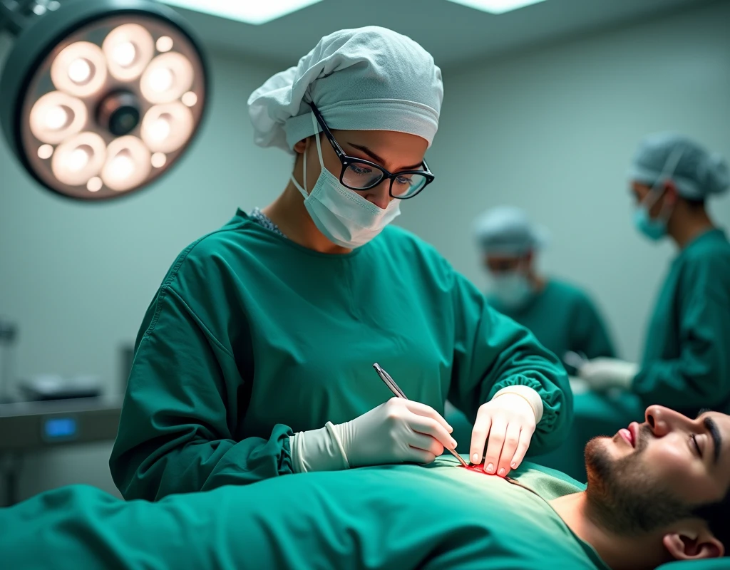 Aishwarya Rai as surgeon, wearing green scrubs, wearing surgical mask and skull cap, wearing surgical glasses, doing heart surgery on male patient, in operation theatre, fullbody view, cutting the chest using scalpel, diagonal view,