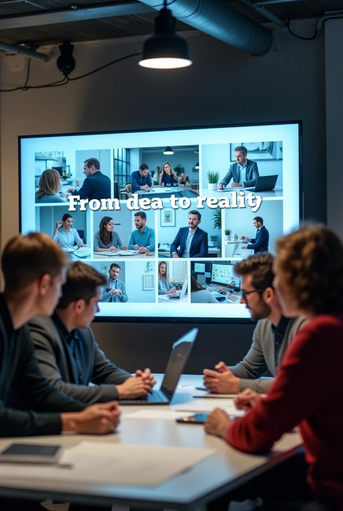 "Designers working on plans and models. Images of creative meetings and discussions. Text on screen: 'From idea to reality'."