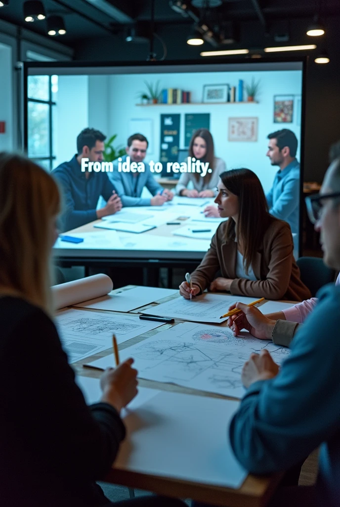 "Designers working on plans and models. Images of creative meetings and discussions. Text on screen: &#39;From idea to reality&#39;."