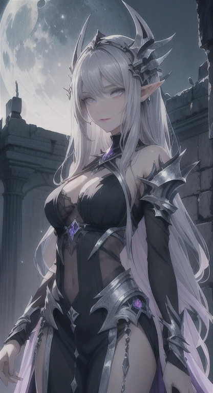 Silver skin, silver moon, ancient elf, rare, cursed maiden, celestial armor, beautiful girl, long icy hair, violet glowing eyes, silver skin, palace ruins,