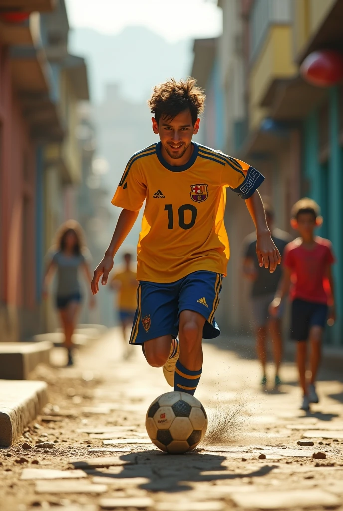 A young Lionel Messi playing soccer in the streets of Rosario. Narrator: "Born in Rosario, Argentina, Messi's love for soccer was evident from an early age. But his journey wasn't easy."