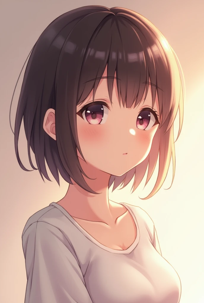A shy anime girl with short, shoulder-length dark brown hair and slightly large breasts from nude hentai 