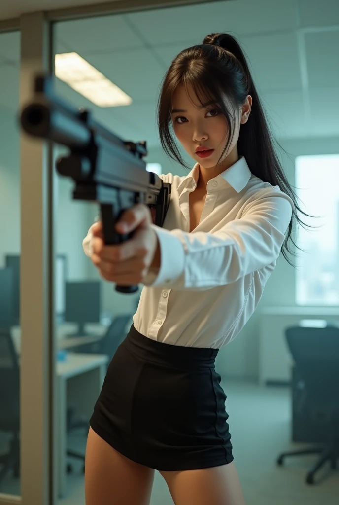 beautiful chinese office lady white shirt tight mini skirt realistic machine gun toting hip firing real person legs apart standing rampage shooting serious expression looking at side target facing


