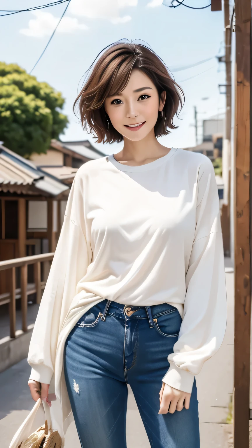 (masterpiece, Highest quality, 8k)、Cowboy Shot、One housewife、40 years old、Japanese、Walk towards here、smile、Tight white long sleeve T-shirt、Lightweight cardigan、Skinny jeans、Short Bob Cut Hair、Brown Hair、Shooting from below、Explore the city、blue sky、