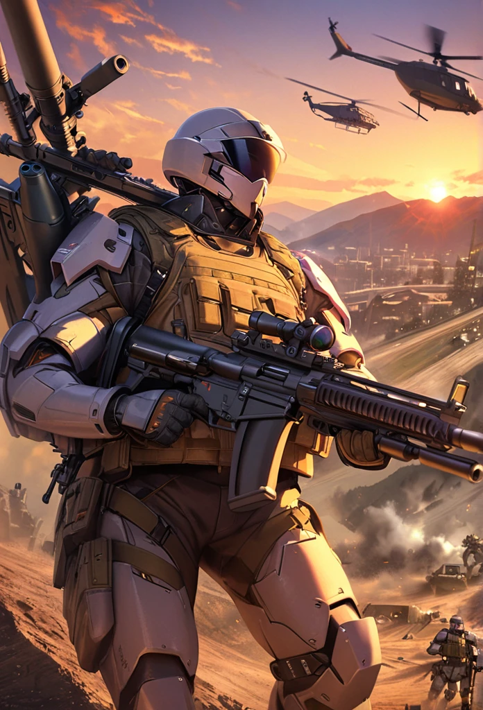a man,a robot,aircraft,battle rifle,bulletproof vest,cloud,cloudy sky,dusk,energy gun,evening,finger on trigger,fire,gloves,gradient sky,grenade launcher,heckler & koch,helicopter,holding gun,holding weapon,magazine \(weapon\),mecha,military,mountain,mountainous horizon,orange sky,outdoors,pistol,purple sky,realistic,red sky,rifle,rocket launcher,science fiction,scope,sky,sniper rifle,submachine gun,sun,sunset,twilight,weapon,yellow sky,Laptop
