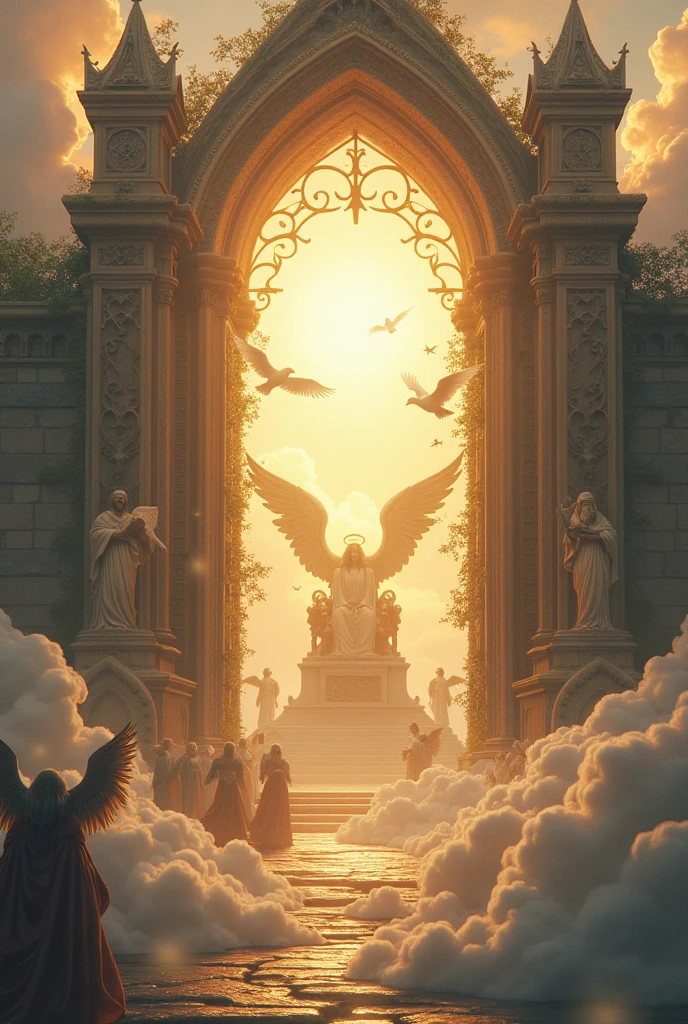 1. In the center of the back, imagine two large open gates, decorated with elaborate details, like vines or gothic patterns. They can be tall and majestic, to represent heavenly entrance.

2. Distribute angels around the gates, maybe some flying and some standing. They can be in different poses, like playing trumpets, praying or simply observing with serenity. Pay special attention to the wings, that can be drawn with intricate feather details.

3. Clouds can surround all elements, creating a soft, ethereal base for the scene. They may be denser at the bottom., lightening as they rise.

4. Ao fundo, Behind the gates, imagine God sitting on a throne. The throne can be elevated, with rich ornaments such as gold and precious stones. The figure of God may be without a defined face, symbolizing a majestic and divine being, radiating light and energy.

5. Add a light effect that radiates from God and angels, creating a sense of holiness and peace. Halos around the angels&#39; heads and a divine glow around the throne can enhance this heavenly atmosphere..

6. Integrate some spiritual or religious symbols that are meaningful to you, like crosses or doves, to further personalize the tattoo.