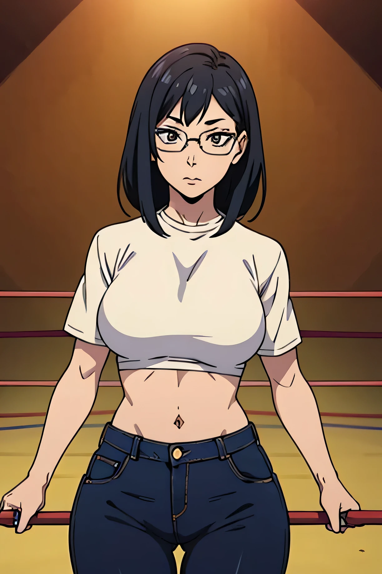 Solo girl, weare glasses, wrestling ring  , shimizu frim haikyuu, seductively standing , seductive face , ((wrestling ring background)), very femenine slutty playboy face, black hair , hair bangs covering forhead,  eye shadow and eyeliner, extremely long eyelashes, boduly shot hot,  wears a boyfriend jeans tugged up extremely high covering her navel entirely , curvy big thighs , her jeans is oversize but digging inside her pussy forming camel toe , obvious high waisted boyfriend trousers,, wearing an oversize white crop top , rounded breasts hot . Curvy hips , fit