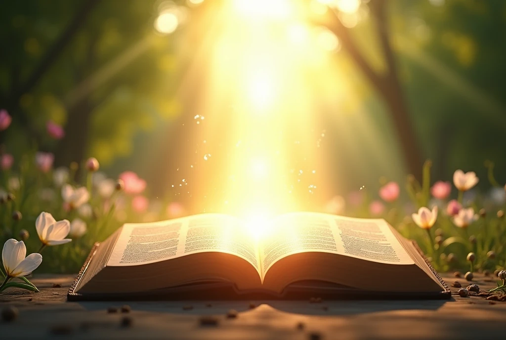 Open bible with divine light and background back clear day with trees with flowers