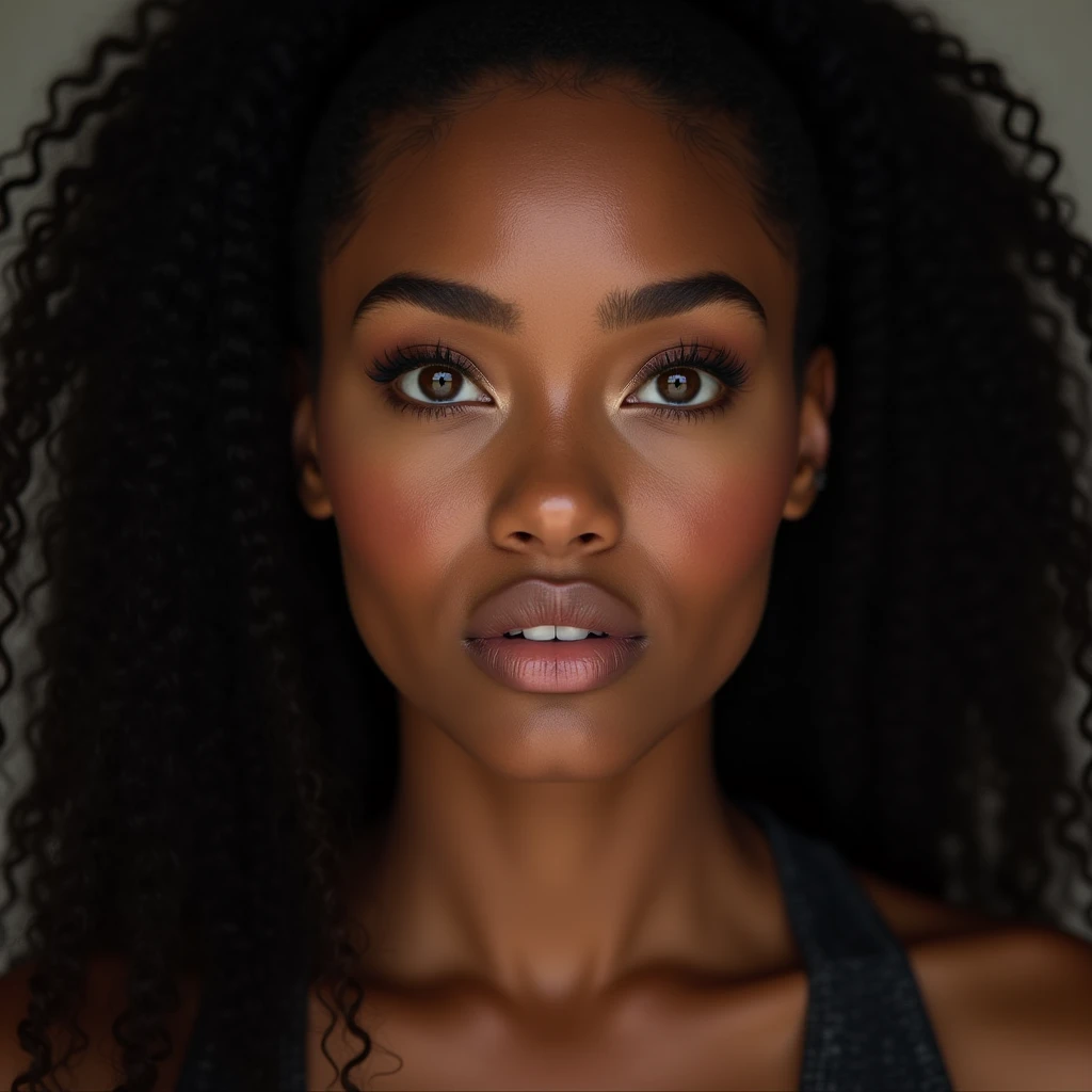 raw, realistic photo, Frontal close-up of 1 beautiful woman, of (2), American Nationality, black hair color, long afro curly hair tied up, Big Eyes, light brown eye color, small nose, perfect mouth with extremely full lips , natural face, naughty, excited and sensual face, texture and depth of highly detailed and hyper-realistic mulatto skin, superior quality, high resolution 8k uhd.