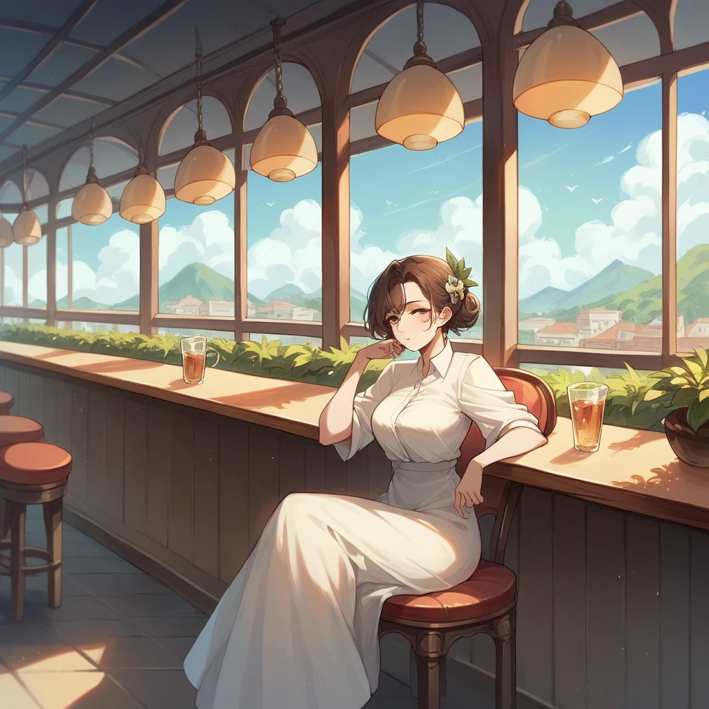 a beautiful brown hair female Italian sits in a chair at a cafe in Italy