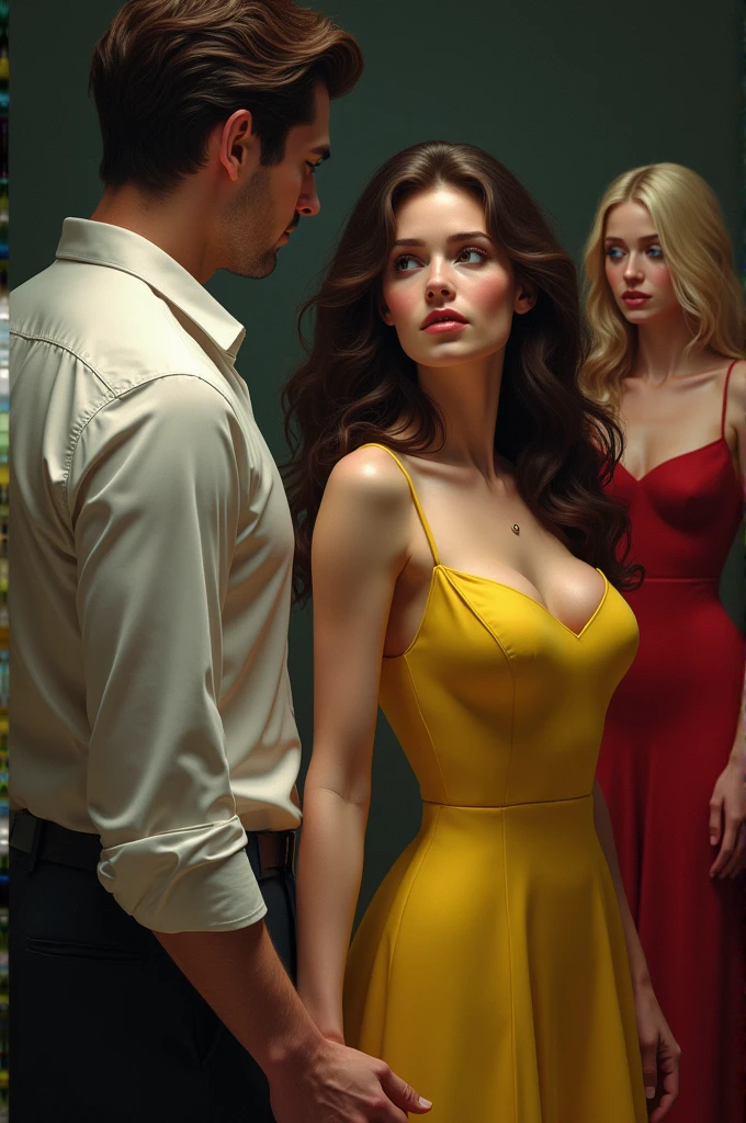 Man holding the hand of a brunette woman dressed in yellow. Ao fundo, a blonde woman dressed in red crying desperately, because she was replaced by the brunette.