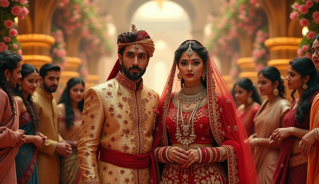 एक भव्य राजसी विवाह दृश्य जहाँ सावित्री और अर्जुन शानदार पारंपरिक शादी के वस्त्रों में सजे हुए हैं, परिवार और दोस्तों से घिरे हुए हैं। महल को फूलों से सजाया गया है, और चारों ओर उत्सव का माहौल है।" बॉडी फुल इमेज क्वालिटी 4K 8k म