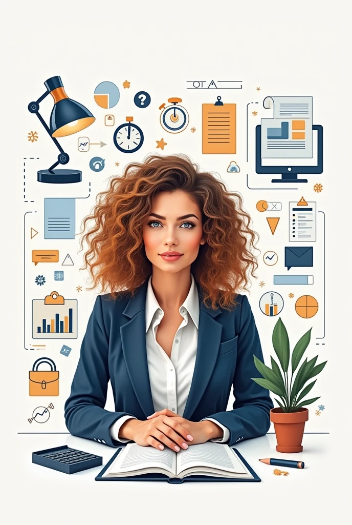Create a professional LinkedIn cover in portrait mode, with symbols and figures that remind us of administration and imagine a woman with curly hair and a light brown color in a drawing