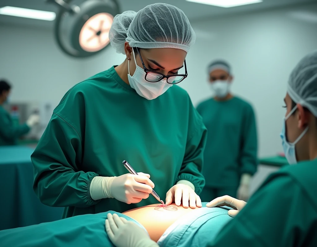 Aishwarya Rai as surgeon, wearing green scrubs, wearing surgical mask and skull cap, wearing surgical glasses, doing heart surgery on male patient, in operation theatre, fullbody view, cutting the chest using scalpel, diagonal view,