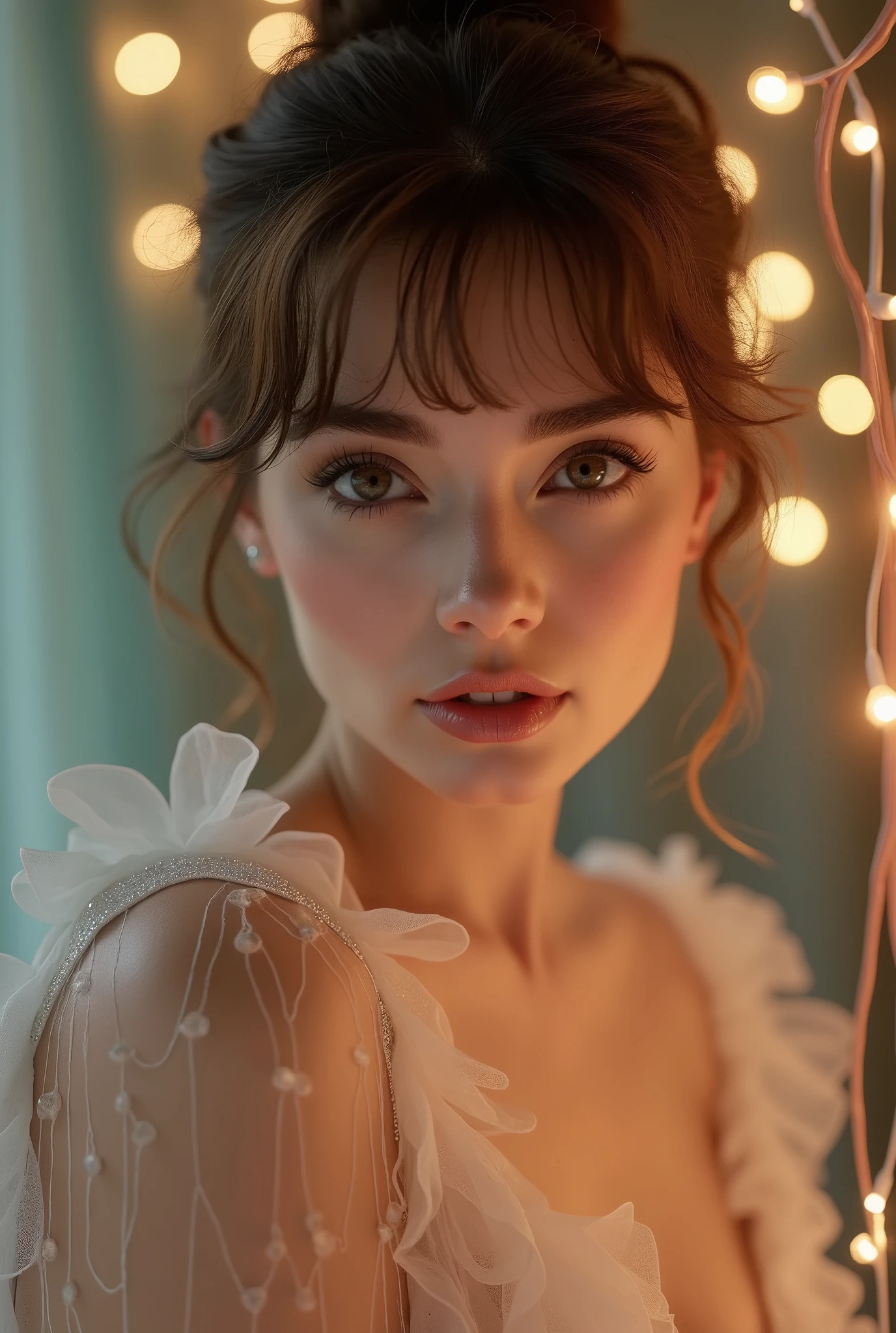 modelshoot style, audrey hepburn, (extremely detailed 8k wallpaper), playboy centerfold, Tim Okamura and Marco Mazzoni and Yoann Lossel, Vogue, digital painting, photorealism, evocative, fairy lights, pastel palette, Intricate detail, digital art, cgsociety, masterpiece, diversity, ((perfect face))