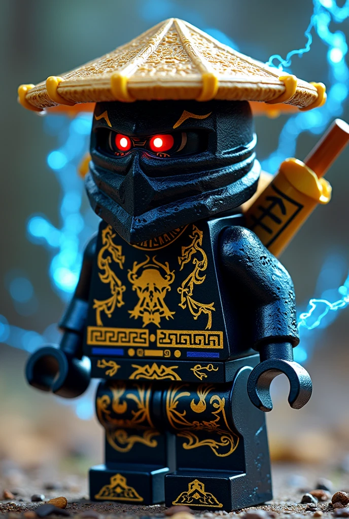 Créer moi un lego ninja go en lego le premier maitre du spijisufuturiste de la dernière puissance dimensionaire un ninja avec un chapeau de paille pointu en noir sur la tête noir, avec une peau sombre noir avec des dents pointues monstrueuses et il faut des traces d’électricité jaune et bleu foncé dans le visage et un regard terrible de noirceur avec des yeux ridé en rouge fonce profond brillant avec une puissance incroyable avec comme puissance élémentaire l’électrique, l’énergie, la terre, le feu, la glace. Les habits du ninja doit être en noir anthracite, bleu nocturne et golden suprême et fer anthracite avec des reure en forme d’électricité bleu clair et jaune brillant et des écritures japonaises et le parchemin antique sacré le plus puissant en golden. Un ninja imbattable monstrueux beaucoup trop puissant qui contrôle tous les pouvoirs élémentaires. Le ninjadoit être destructeur et soif de victoire un gentil et mechant avec un sabre dans le dos