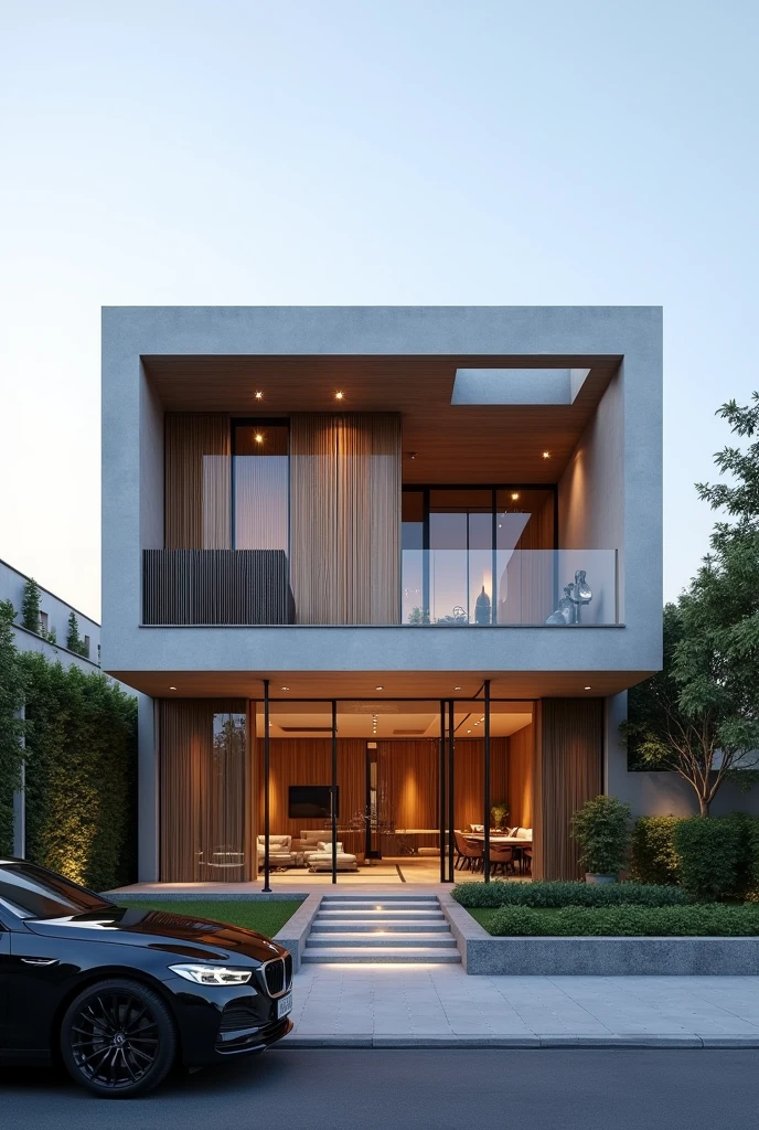 Villa design, exterior view, car parked in front of deconstruction restaurant, real architecture, commercial concept, height 22 meters, front view, high quality rendering, luxury architecture, real physical rendering, deconstruction business, installation architecture, deconstruction with line screen