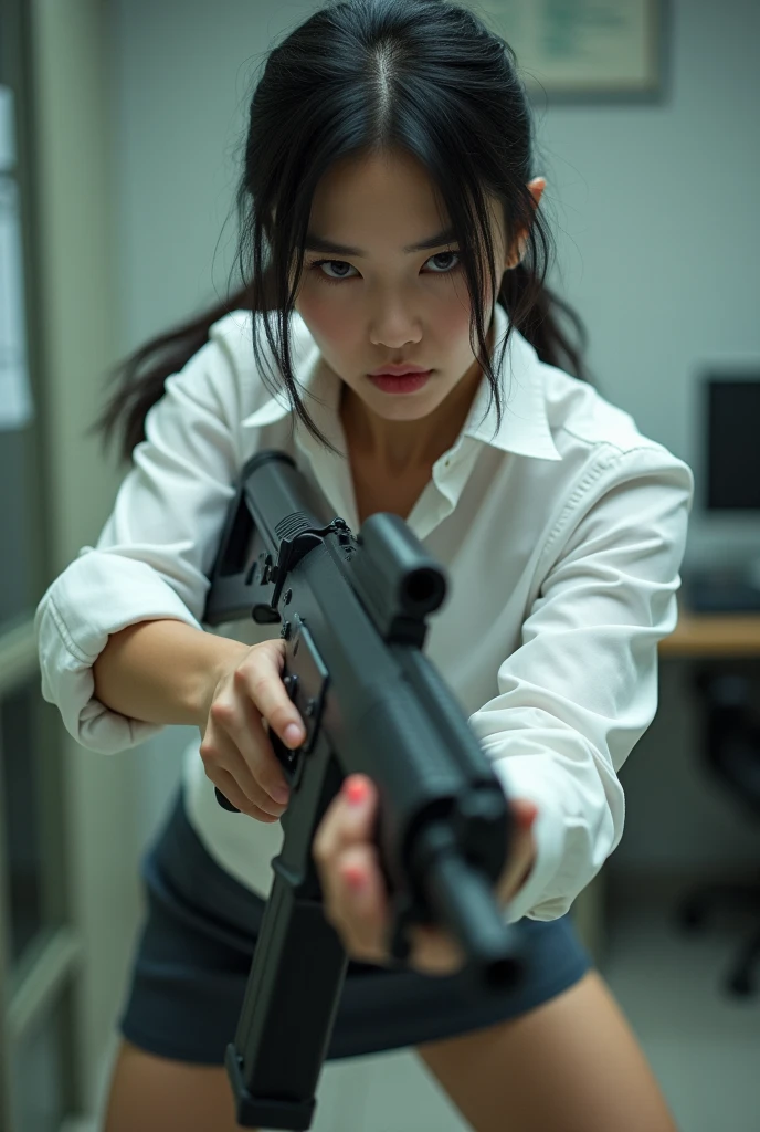beautiful chinese office lady white shirt tight mini skirt realistic machine gun toting hip firing real person legs apart standing rampage shooting serious expression looking at side target facing


