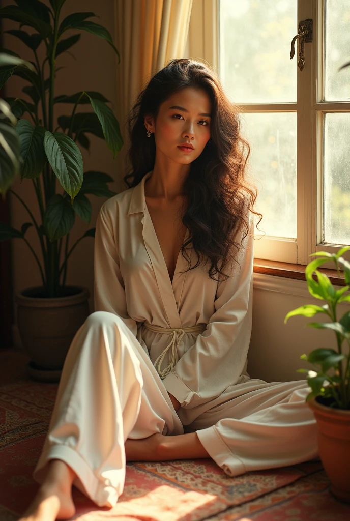 (photorealism:1.2), beautiful woman, sitting near window , wearing korean top, pajama pants, long curly hair, indoors, soft lighting, plants in background, window with sunlight, cozy room, relaxed pose, realistic, intricate details, warm colors, by Greg Rutkowski, by Alphonse Mucha