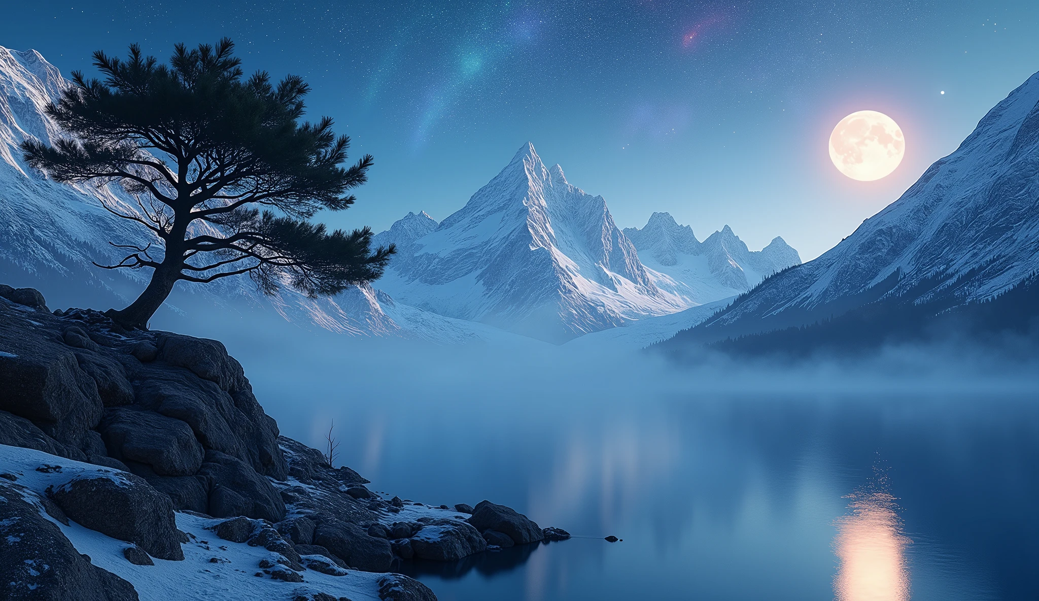 A (majestic:1.6) snow-covered mountain range under a (crystal-clear:1.5) night sky, illuminated by a (brilliant:1.4) full moon. The scene is reflected perfectly in a (pristine:1.5) alpine lake at the base of the mountains, with (silvery:1.3) mist gently hovering over the water. In the foreground, a (solitary:1.4) ancient pine tree stands on a (rocky:1.2) outcrop, its (gnarled:1.3) branches reaching toward the sky. The sky is filled with (vibrant:1.5) stars, and the Milky Way arcs gracefully across, casting a (soft, ethereal:1.4) glow. A (delicate:1.3) aurora borealis dances faintly at the horizon, adding a touch of (mystical:1.4) color to the scene. The atmosphere is one of (tranquil:1.5) serenity and (timeless:1.3) beauty.