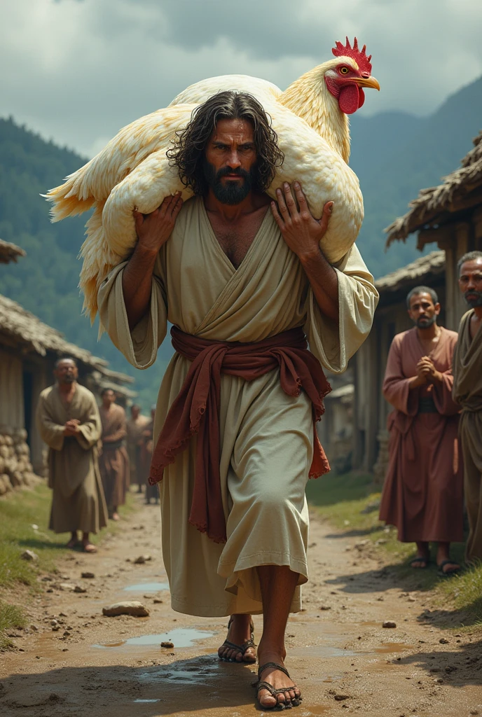 Create a dramatic scene of real Jesus Christ struggling to carry a giant chicken in his sholder up a muddy, rural road in a mountainous village. The sky is overcast, reflecting his effort and suffering. Jesus is visibly sweating and tears are streaming down his face. Villagers are watching him with expressions of awe and concern. The road is rough and the village is rustic, with simple, traditional houses in the background."