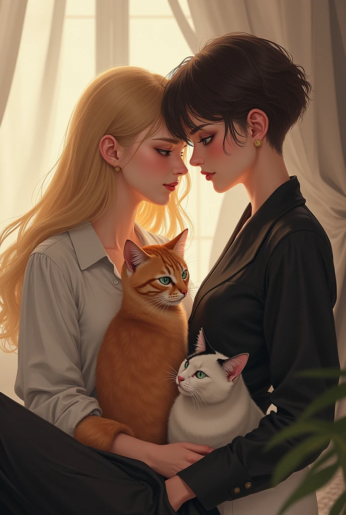 Something intimate yet not overly domestic. A 2 feminine woman with long blonde hair, sea blue eyes, dressed in not-so-feminine clothes, and a 6'2" tall 1 masculine woman with short boy cut dark brown hair and emerald green eyes in stylish masculine clothes. An orange boy cat and a black-and-white girl cat. A little realistic cover picture would be great