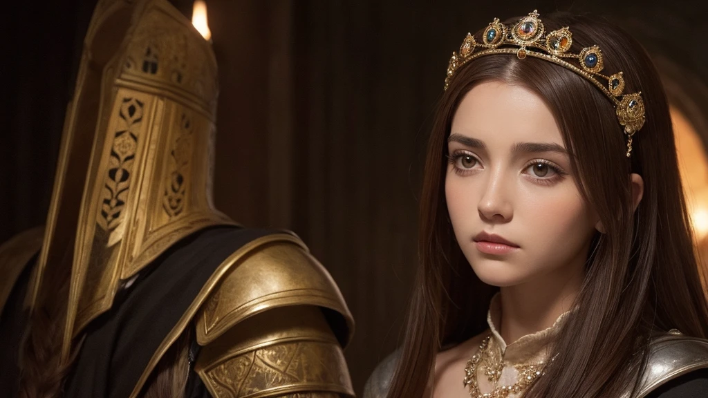 beautiful face, Queen of Medieval Spain, brown hair, sad, night, 4