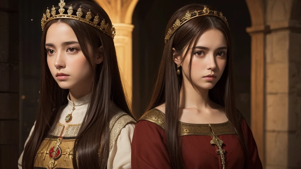 beautiful face, Queen of Medieval Spain, brown hair, sad, night, 4