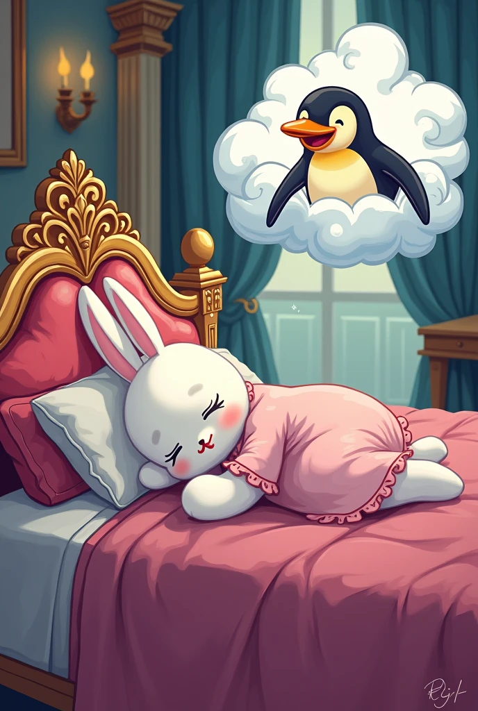 A tall white fluffy female animal rabbit wearing a pink night dress sleeping her luxurious royal bed in a grand palace dreaming about a penguin laughing, The dream should be displayed in the form of dream clouds above her. Cartoon illustration with magical atmosphere.