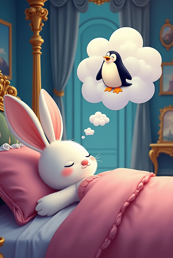 A tall white fluffy female animal rabbit wearing a pink night dress sleeping her luxurious royal bed in a grand palace dreaming about a penguin laughing, The dream should be displayed in the form of dream clouds above her. Cartoon illustration with magical atmosphere.