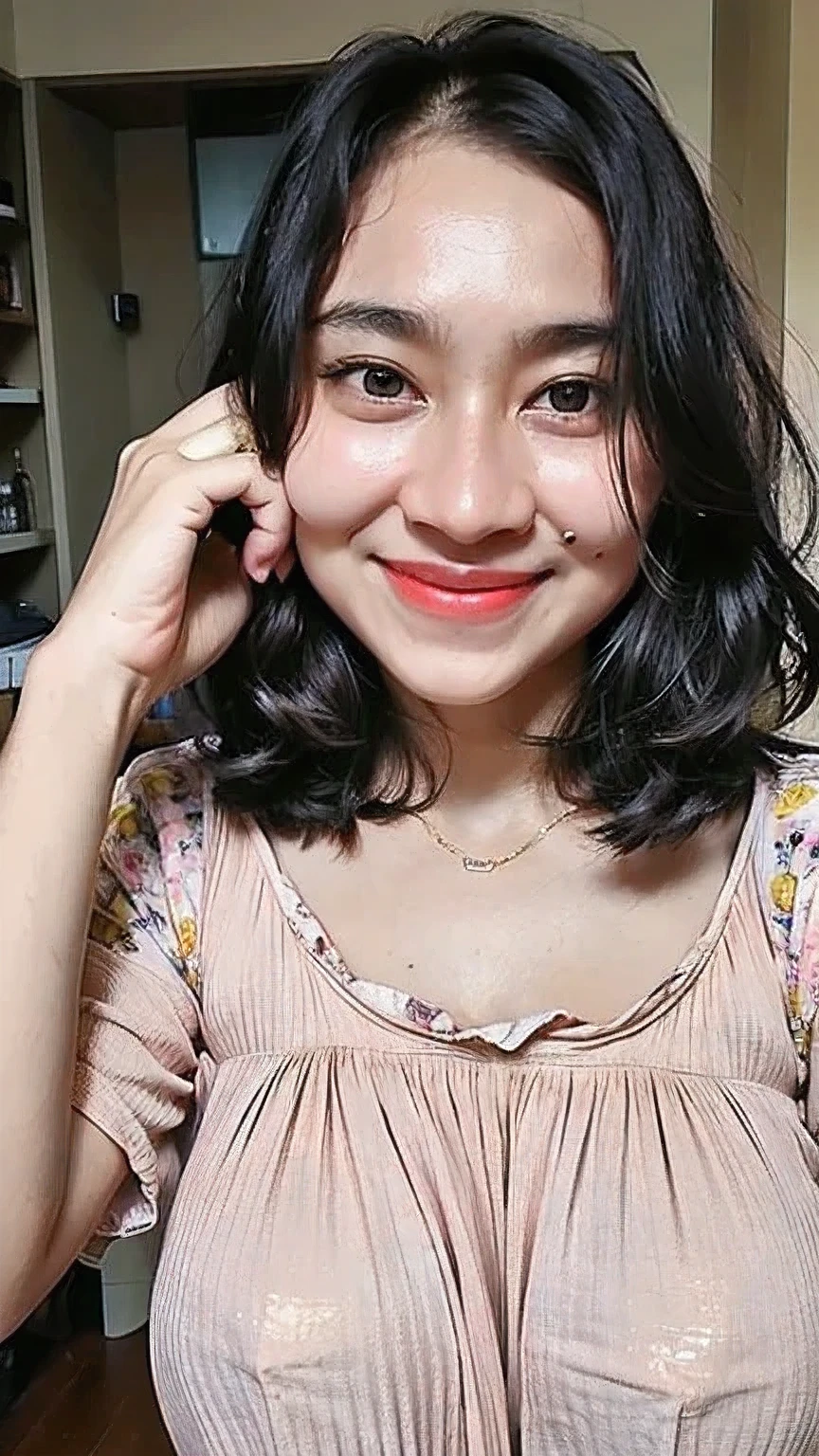 young girl, (Nfsw gorgeous  bare breast out from dress, this picture is worth a thousand [strike]words[/strike]ejaculations, (natural beauty), curly black hair, expressive ears, captivating glance, well-defined limbal rings, dilated pupils, (well-defined actuality), intrigued facial expression, flushed rosy cheeks, blushing, (well-defined tits), slightly chubby in a "cute wholesome girlfriend" kind-of-way, wearing a floral-print big hole neck summer dress oversize.