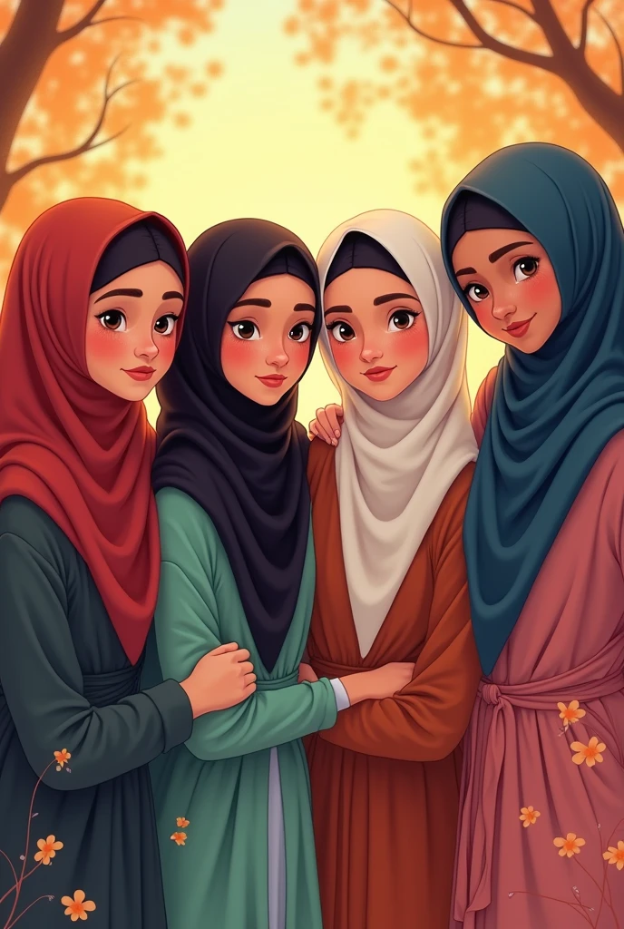 photo disney of 4 female friends who are all wearing hijab, some have thick eyebrows, some have sharp noses, some are short, some are thin and tall