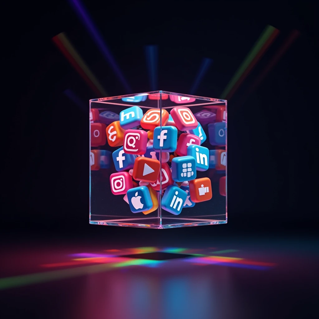 Social media icons cube beautifully scattered with black background and colorful lighting at different angles