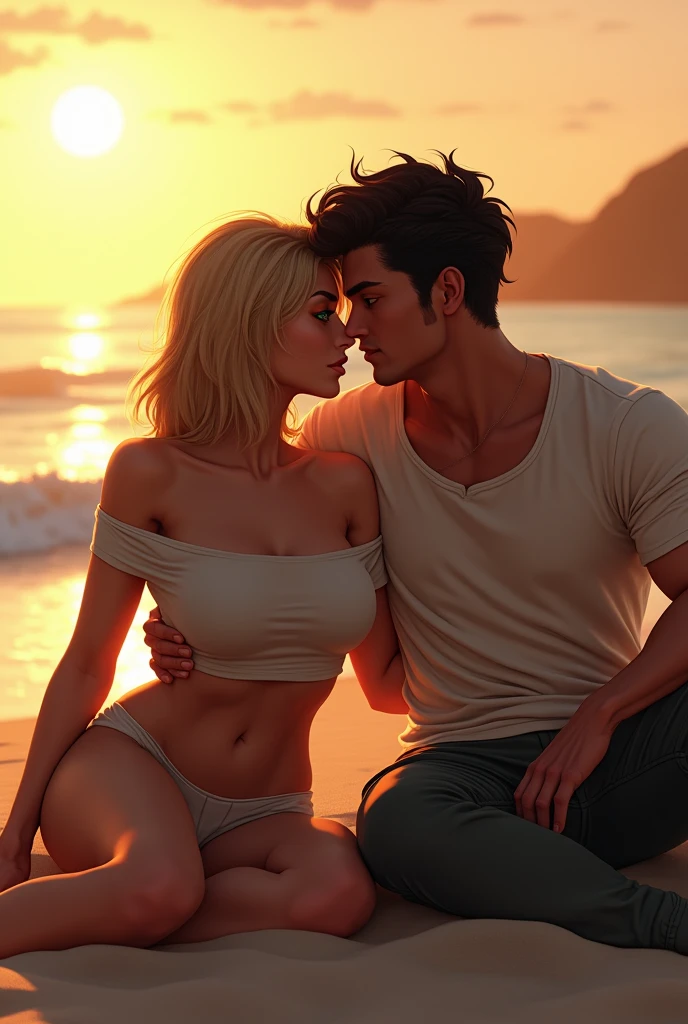 A beautiful woman with medium blonde hair, honey-colored eyes, breasts big, sexly, wearing shorts and an off-the-shoulder t-shirt, sentada na areia da praia com um homem sexly, bonitas, very strong, blackquality hair, greeneyes,
wearing pants and t-shirt, on a beautiful beach, sunset. soft lighting, relaxed pose, realisitic, complexdetails, warm colours.